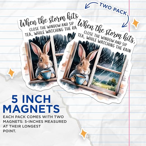 (2 Pack) Bunny with Tea Magnets Magnets - Motivational Quote - Window Rain Scene - 5" On Longest Side - Made in USA - Sticks to Refrigerators & Metal Surfaces - MAG8753