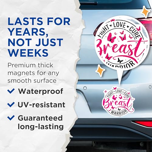 (2 Pack) Breast Cancer Awareness Magnets - Fight Love Cure - Breast Warrior Pink Ribbon Magnets - Breast Cancer Support - 5" On Longest Side - for Cars, Fridges, Toolboxes - Made in USA - MAG3688