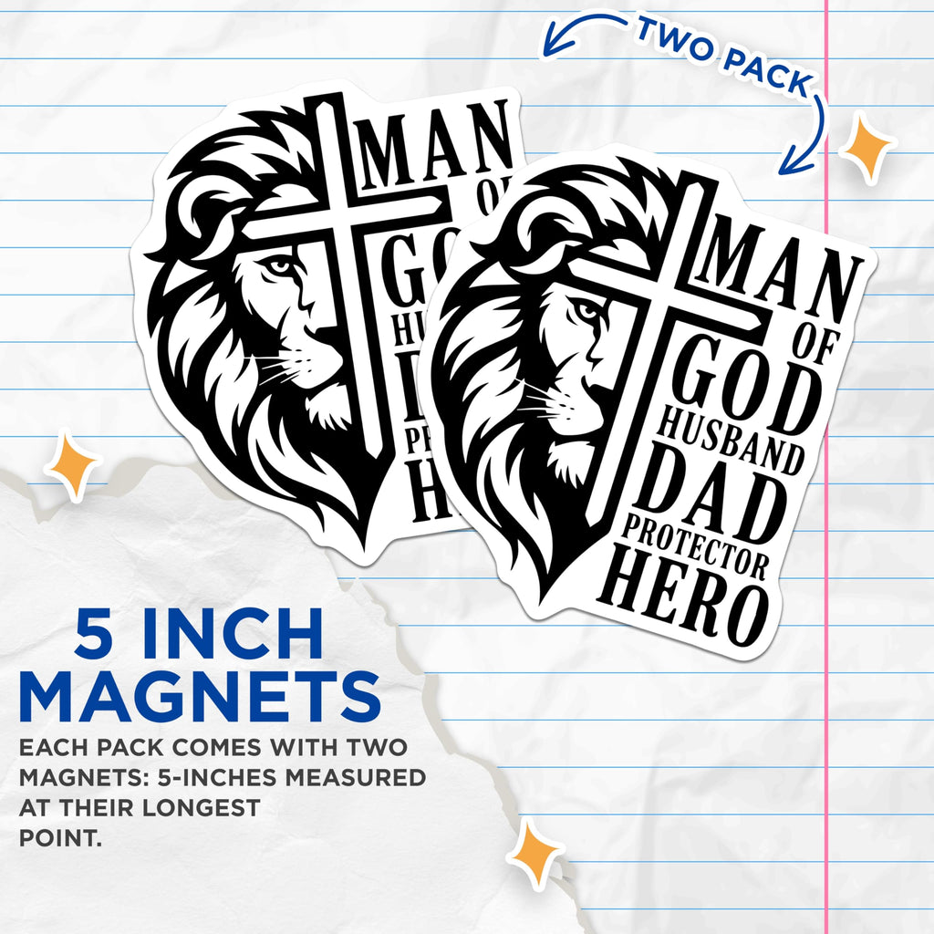 (2 Pack) Man of God Magnets - Christian Dad Husband - Protector Hero Faith Decor - 5 Inches On Longest Side - Thick Durable Magnet - Made in USA - MAG29448