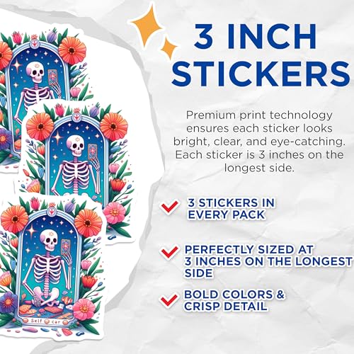 (3 Pack) Self Care Skeleton Decals - Floral Skeleton - Wellness Decals - 3 Inches On Longest Side - Easy Peel & Apply - Made in USA - 3MCS8169