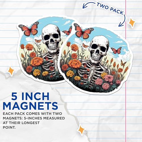 (2 Pack) Skull and Flowers Magnets - Skeleton and Butterfly - Day of The Dead - Colorful Artistic - 5" On Longest Side - for Cars, Fridges, Toolboxes - Made in USA - MAG4238