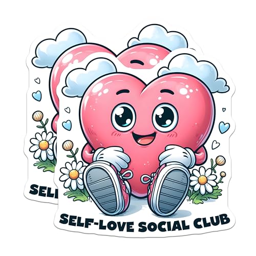 (2 Pack) Self-Love Social Club Stickers - Cute Heart Cartoon - Inspirational Motivational - 5" On Longest Side - Sticks to Smooth Flat Surfaces - Made in USA - BMCS7514