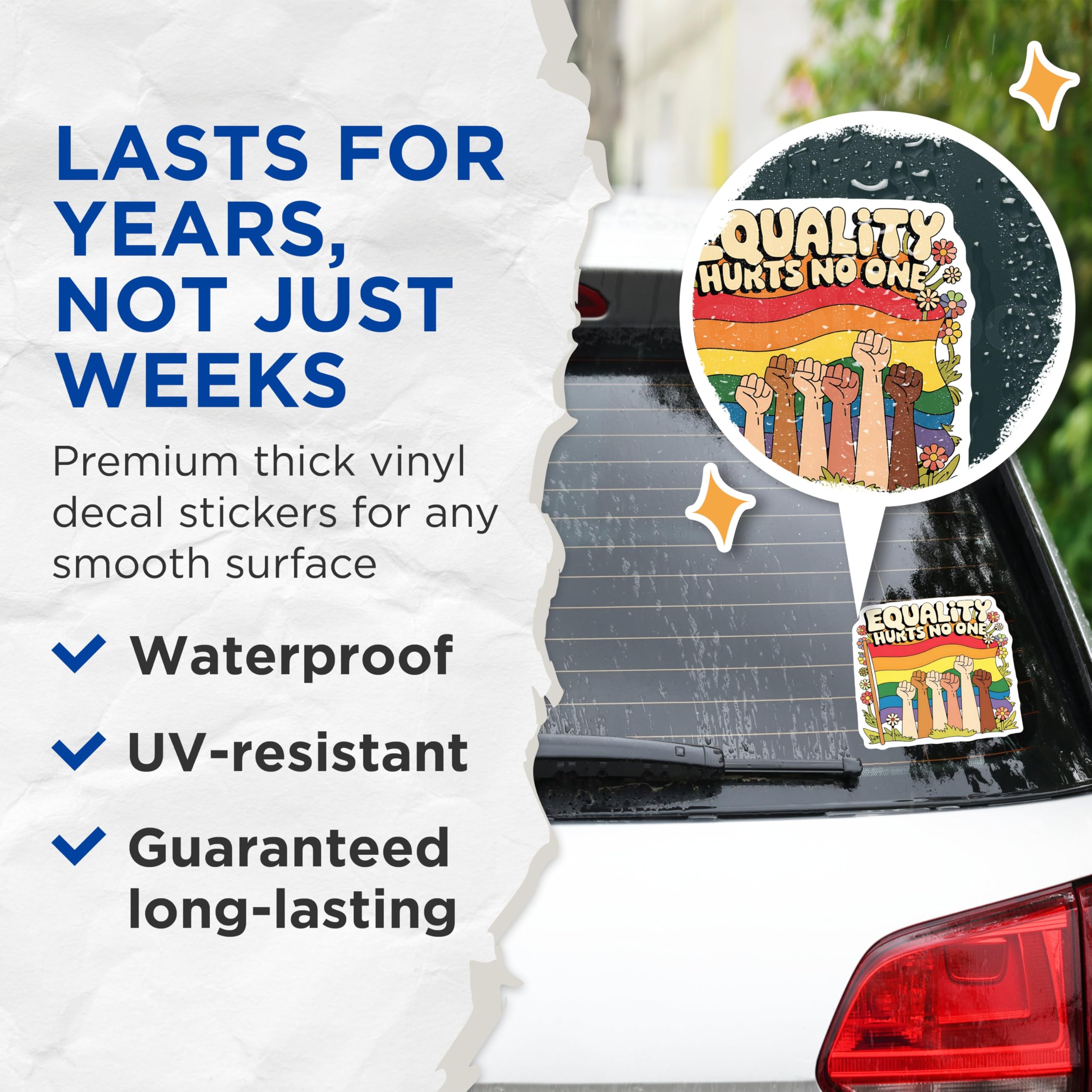 (2 Pack) Equality Hurts No One Stickers - Pride Rainbow Stickers - Inclusion and Diversity Stickers - 5" On Longest Side - Sticks to Smooth Flat Surfaces - Made in USA - BMCS3895