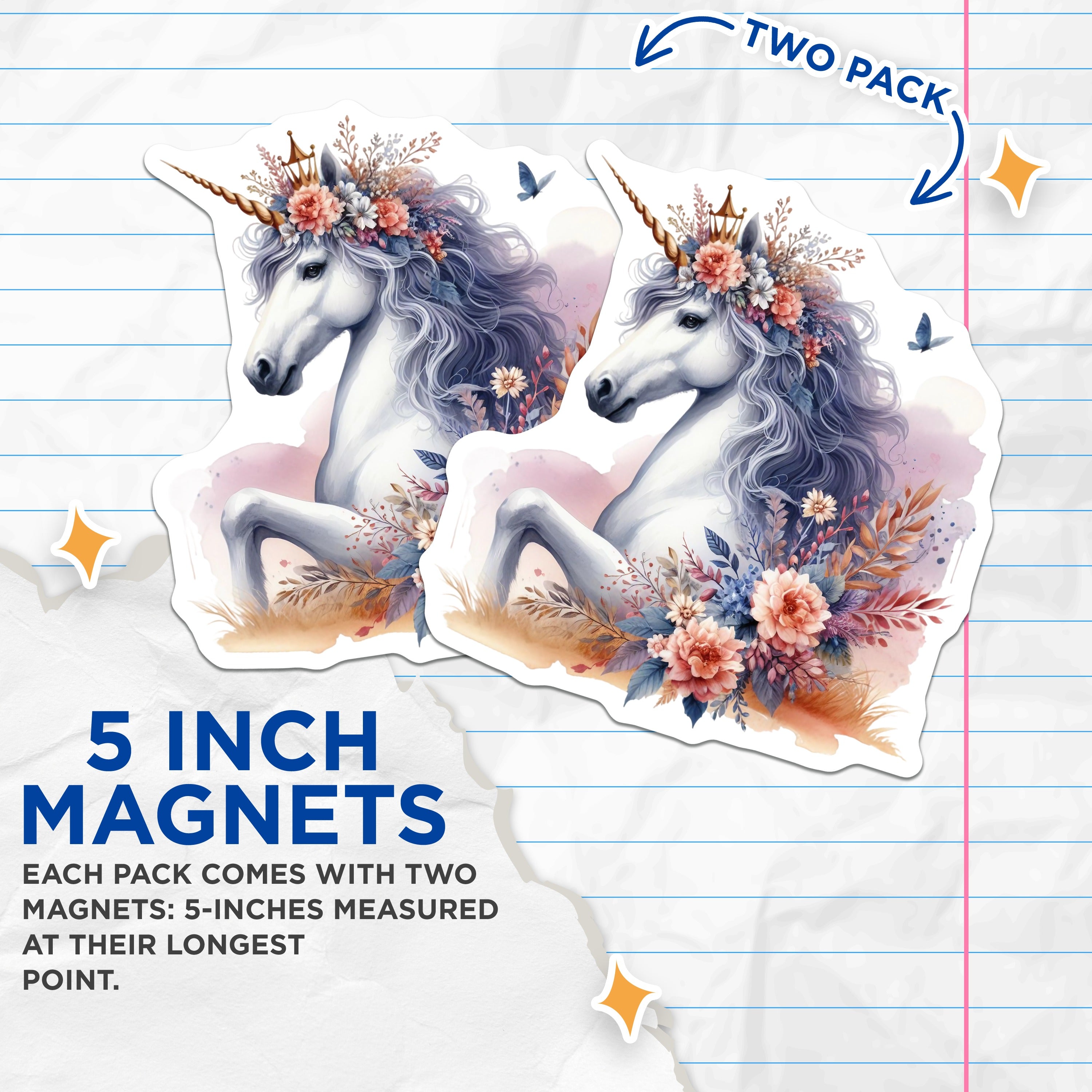 (2 Pack) Floral Unicorn Magnets - Whimsical Fantasy Creature Decor - Aesthetic Fridge Locker - 5 Inches On Longest Side - Thick Durable Magnet - Made in USA - MAG38565
