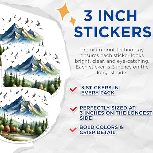 (3 Pack) Mountain Birds Decals - Watercolor Nature Scenery - Laptop Stickers - 3 Inches On Longest Side - Easy Peel & Apply - Made in USA - 3MCS1160