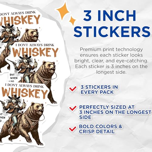 (3 Pack) Whiskey Bear Decals - Cowgirl Art - Laptop Decals- 3 Inches On Longest Side - Easy Peel & Apply - Made in USA - 3MCS5881