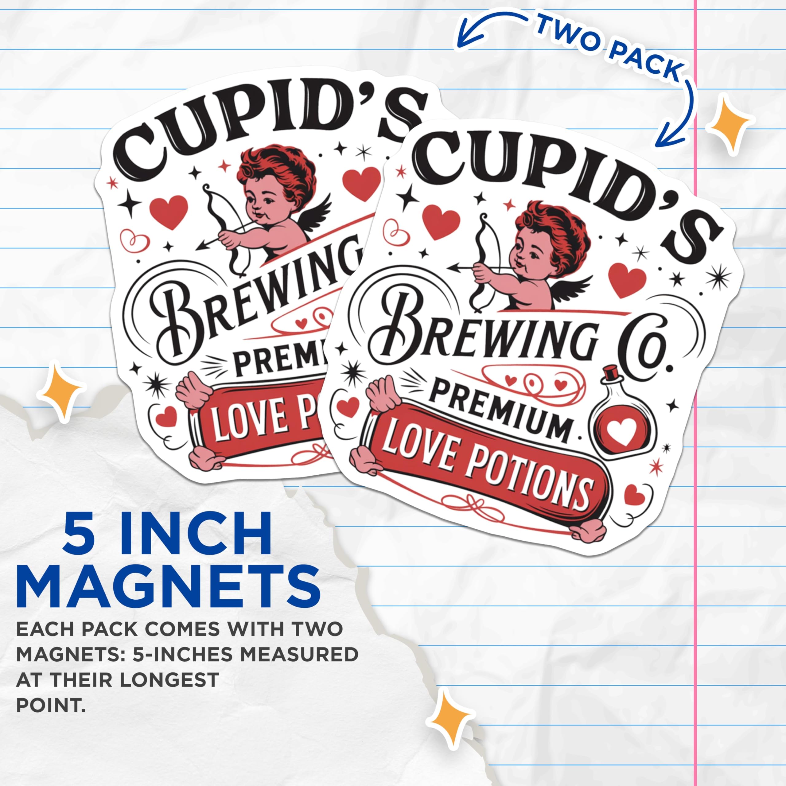 (2 Pack) Cupid's Brewing Co Magnets - Premium Love Potions Magnets - Cute Valentine's Day Decor Magnets - 5" On Longest Side - for Cars, Refrigerators, Toolboxes, Lockers - Made in USA BMCS3409