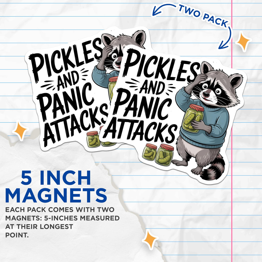 (2 Pack) Funny Raccoon Magnets - Pickles and Panic - Quirky Fridge Decor - 5" On Longest Side - Premium Magnet - for Cars, Refrigerators, Toolboxes, Lockers - Made in USA - MAG16977