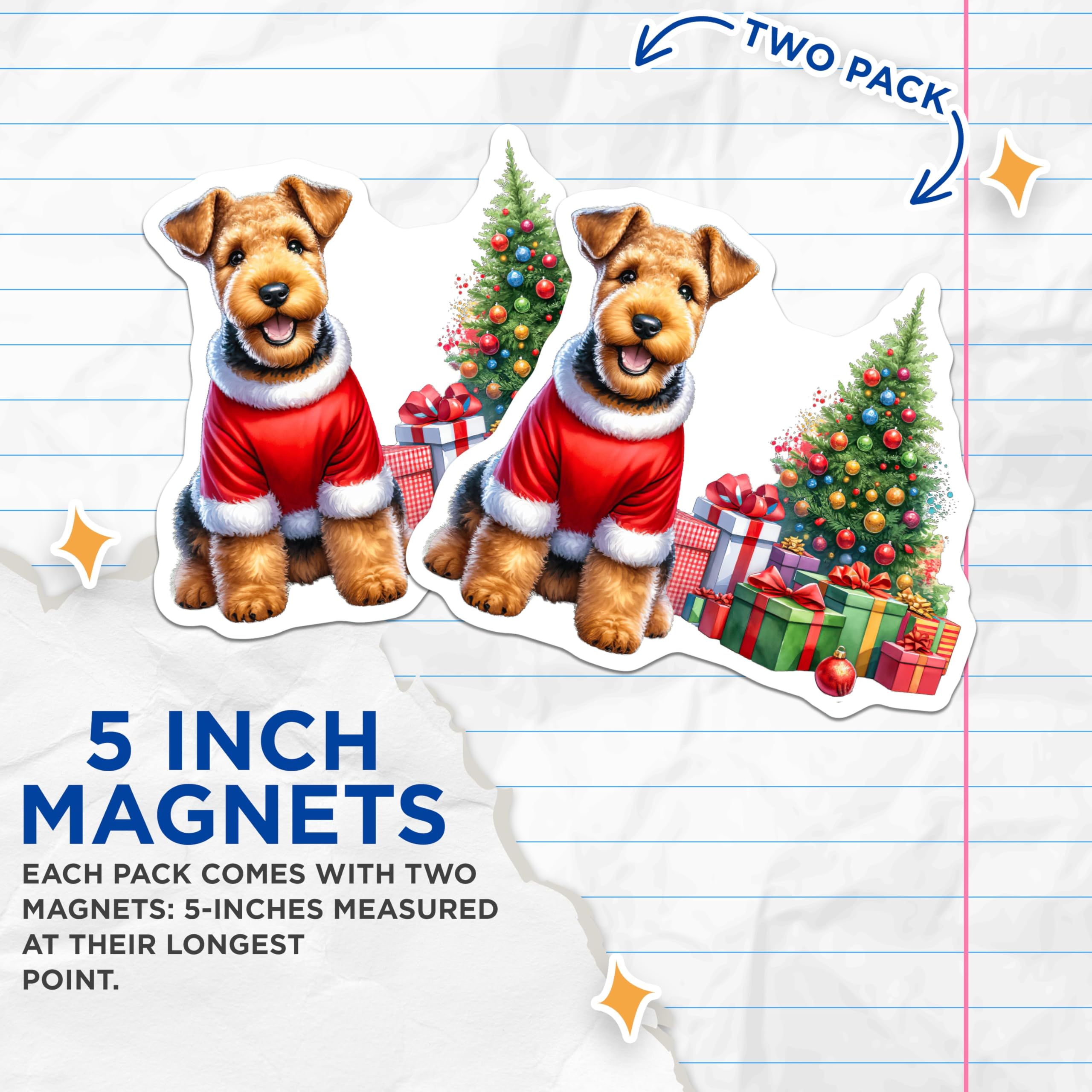 (2 Pack) Airedale Terrier Magnets - Christmas Dog Festive Holiday Decor - Winter Season Refrigerator Magnets - 5 Inches On Longest Side - Thick Durable Magnet - Made in USA - MAG23774