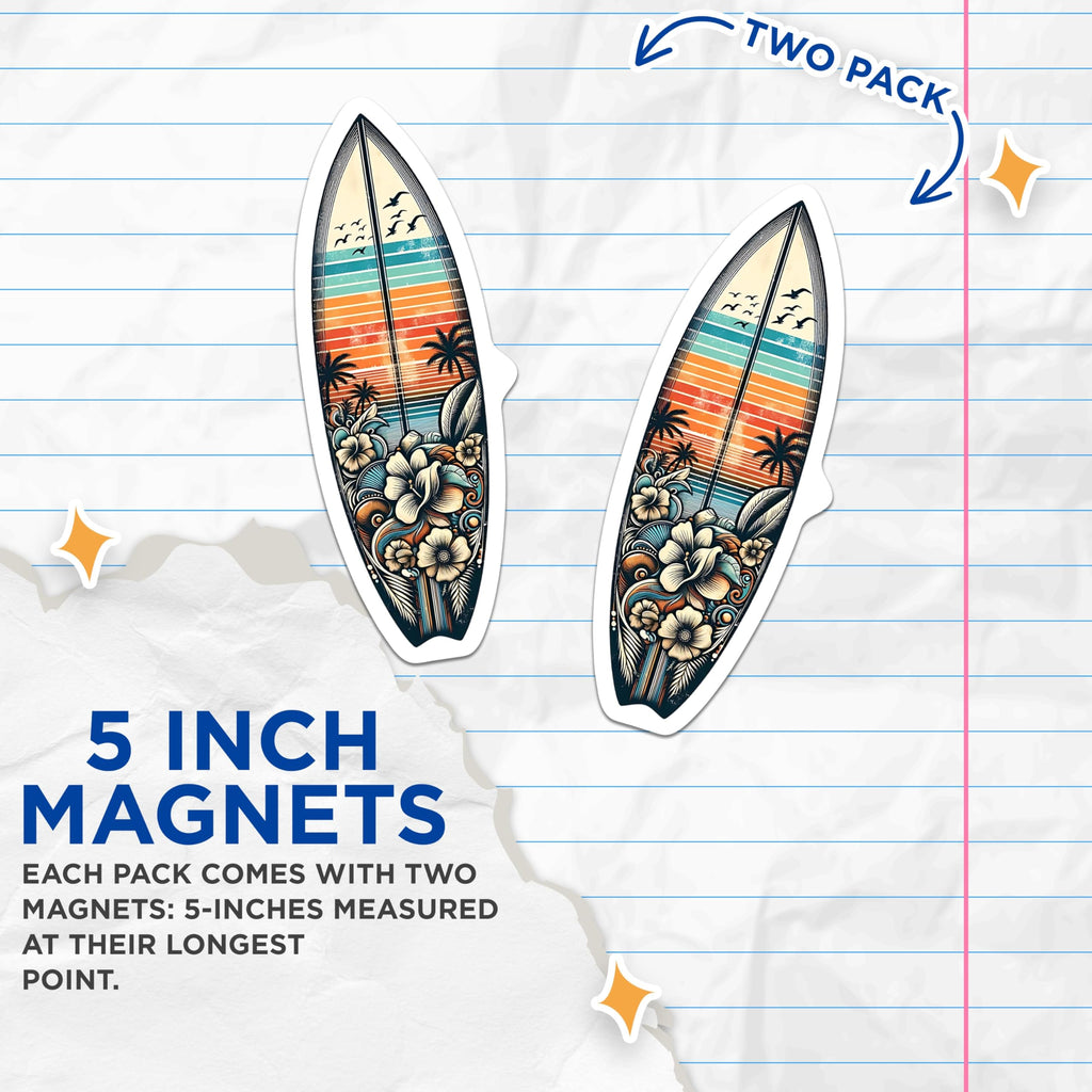 (2 Pack) Surfboard Art Magnets - Beach Sunset Decor - Tropical Island Vibes - 5" On Longest Side - Premium Magnet - for Cars, Refrigerators, Toolboxes, Lockers - Made in USA - MAG16206