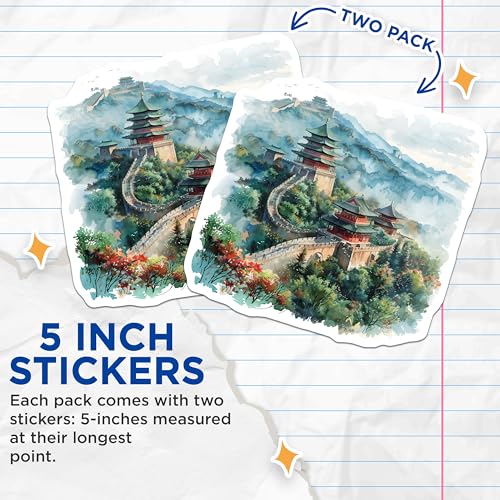 (2 Pack) Beautiful Landscape Stickers - Asian Temple Scene - Wall Art Stickers - Nature Scenery Stickers - 5" On Longest Side - Sticks to Smooth Flat Surfaces - Made in USA - BMCS5204
