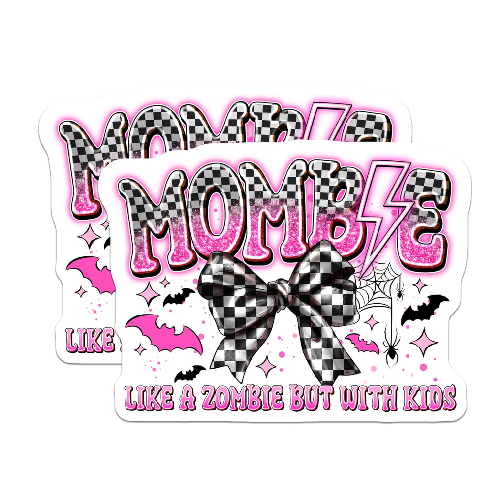 (2 Pack) Mombie Magnets - Funny Zombie Mom Humor - Tired Mom Life Decor - Spooky Cute Bats Lightning Bolt Checkered Bow - 5 Inches On Longest Side - Thick Durable Magnet - Made in USA - MAG29033