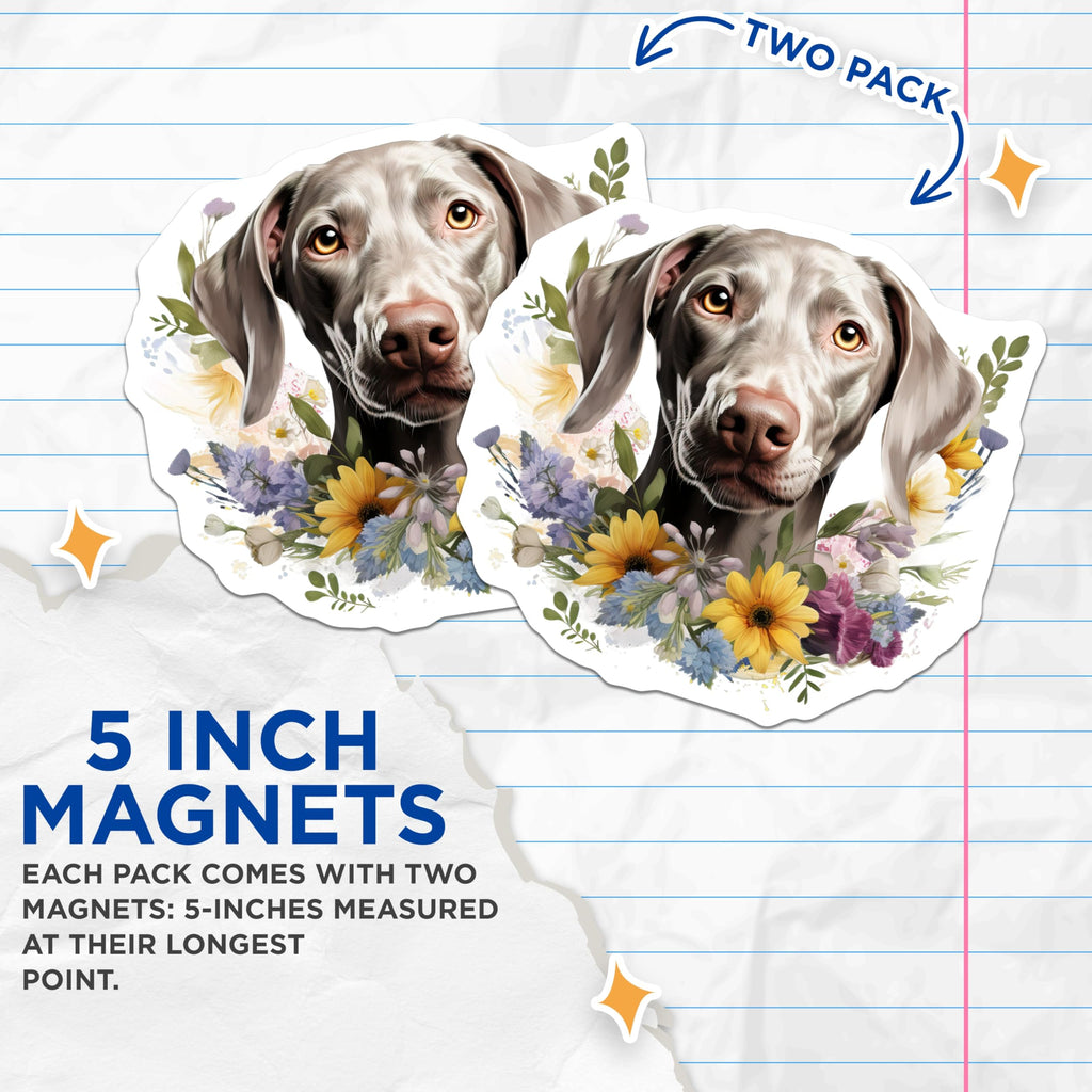 (2 Pack) Weimaraner Dog Magnets - Floral Weimaraner Art - Pet Lover Refrigerator Decor - Weim Mom Kitchen Decor - 5 Inches On Longest Side - Thick Durable Magnet - Made in USA - MAG27296