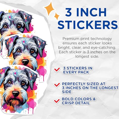 (3 Pack) Schnauzer Dog Decals - Colorful Pet Stickers - Laptop Car Decal - 3 Inches On Longest Side - Easy Peel & Apply - Made in USA - 3MCS0776