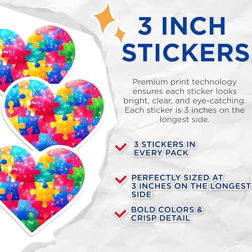 (3 Pack) Autism Awareness Decals - Heart Puzzle Pieces Decal - Laptop Decals - 3 Inches On Longest Side - Easy Peel & Apply - Made in USA - 3MCS6650