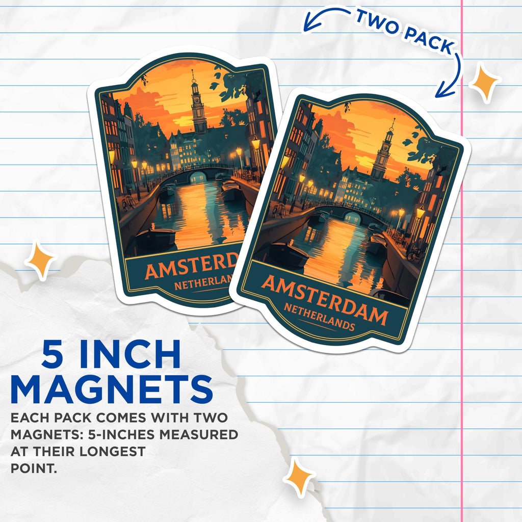 (2 Pack) Amsterdam Cityscape Magnets - Picturesque Netherlands Canal Scene - Iconic European Travel Destination Souvenirs - 5 Inches On Longest Side - Thick Durable Magnet - Made in USA - MAG21270
