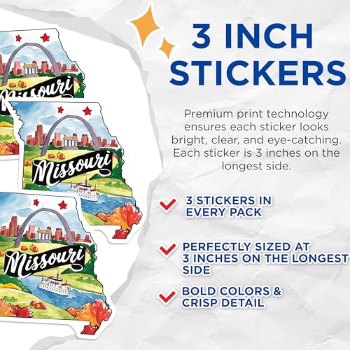(3 Pack) Missouri Decals - State Pride Sticker - Laptop Water Bottle Decal- 3 Inches On Longest Side - Easy Peel & Apply - Made in USA - 3MCS5033