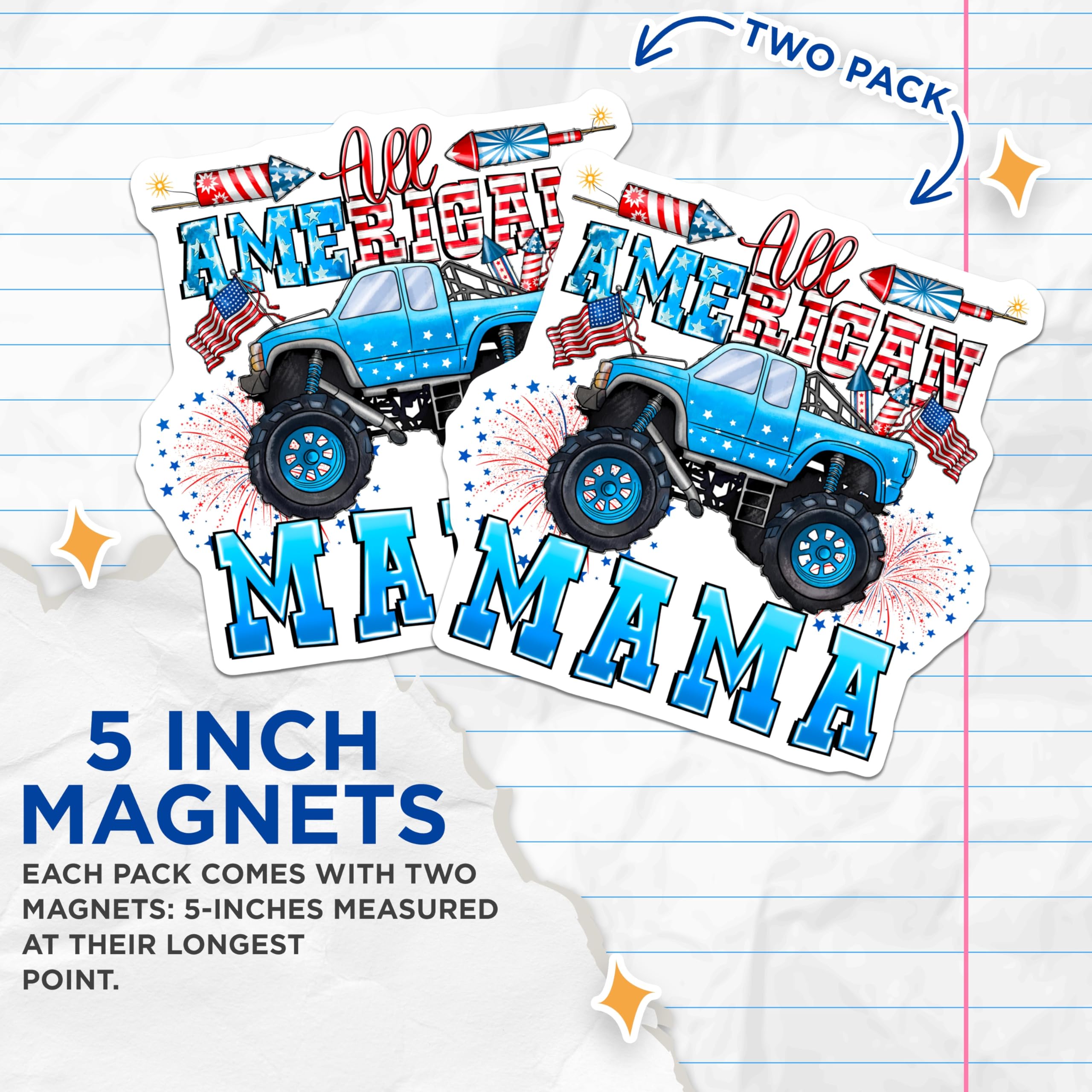 (2 Pack) All American Mama Magnets - Patriotic Truck Decals - 4th of July Celebration Decor - 5 Inches On Longest Side - Thick Durable Magnet - Made in USA - MAG27854