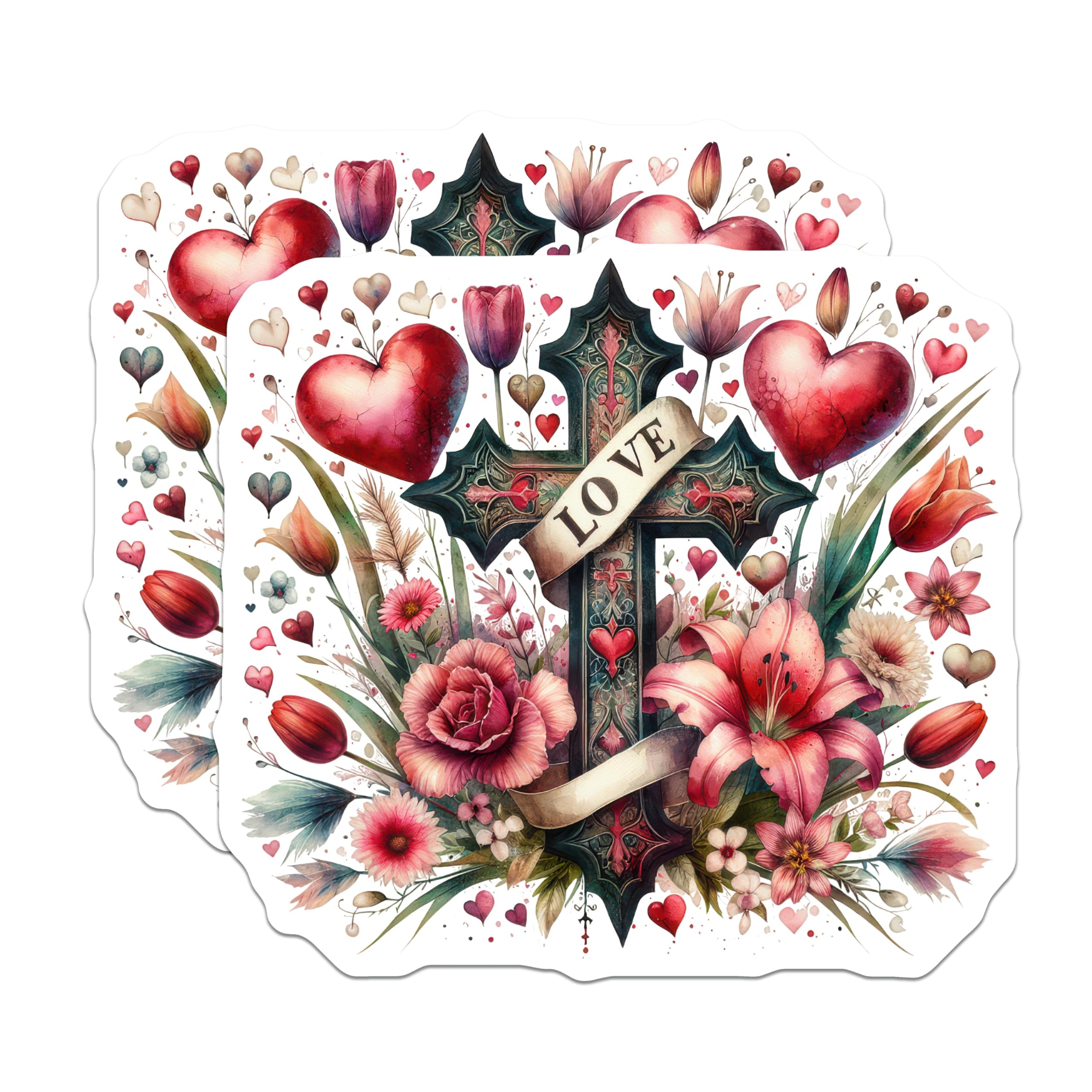 (2 Pack) Love Cross Magnets - Floral Heart Decor - Valentine Religious Art - Christian Home Accent - 5 Inches On Longest Side - Thick Durable Magnet - Made in USA - MAG21059