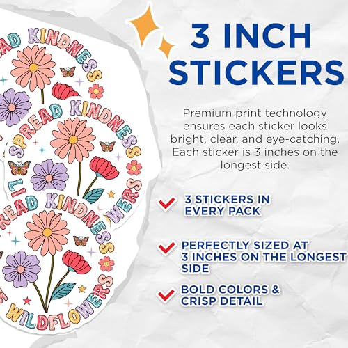 (3 Pack) Spread Kindness Like Wildflowers Decals - Floral Laptop Stickers - Positive Quote Sticker - 3 Inches On Longest Side - Easy Peel & Apply - Made in USA - 3MCS7880