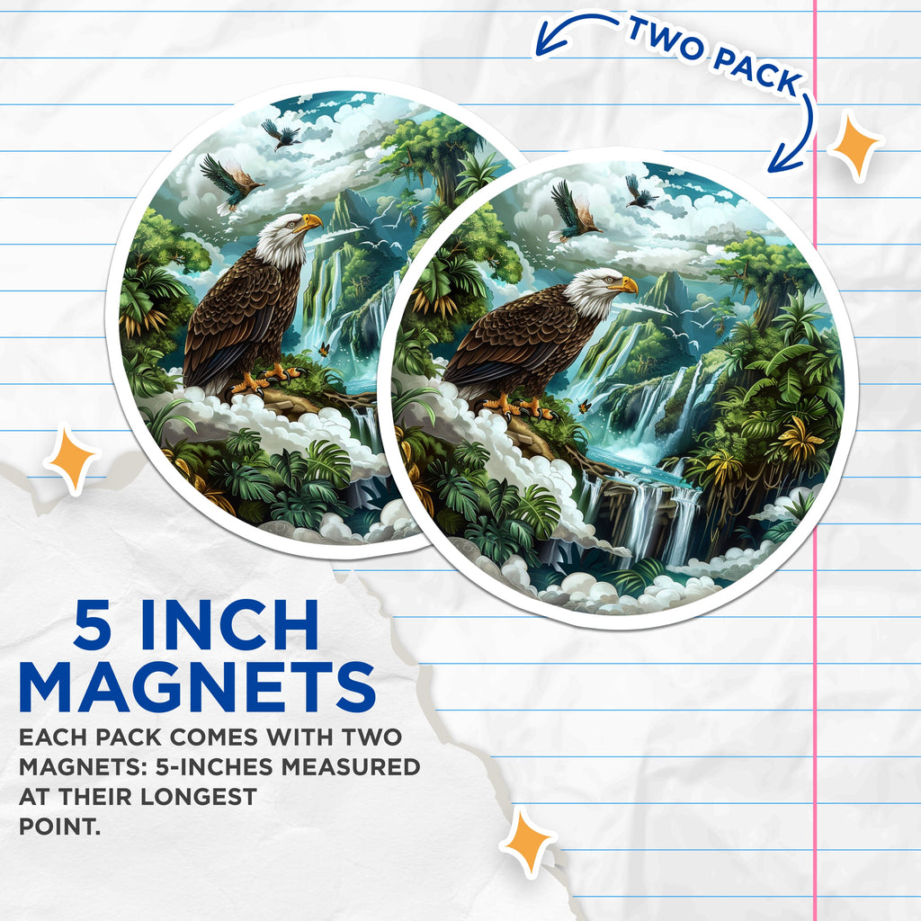 (2 Pack) Bald Eagle Waterfall Magnets - Majestic Nature Scene - American Wildlife Fridge Decor - 5 Inches On Longest Side - Thick Durable Magnet - Made in USA - MAG36016