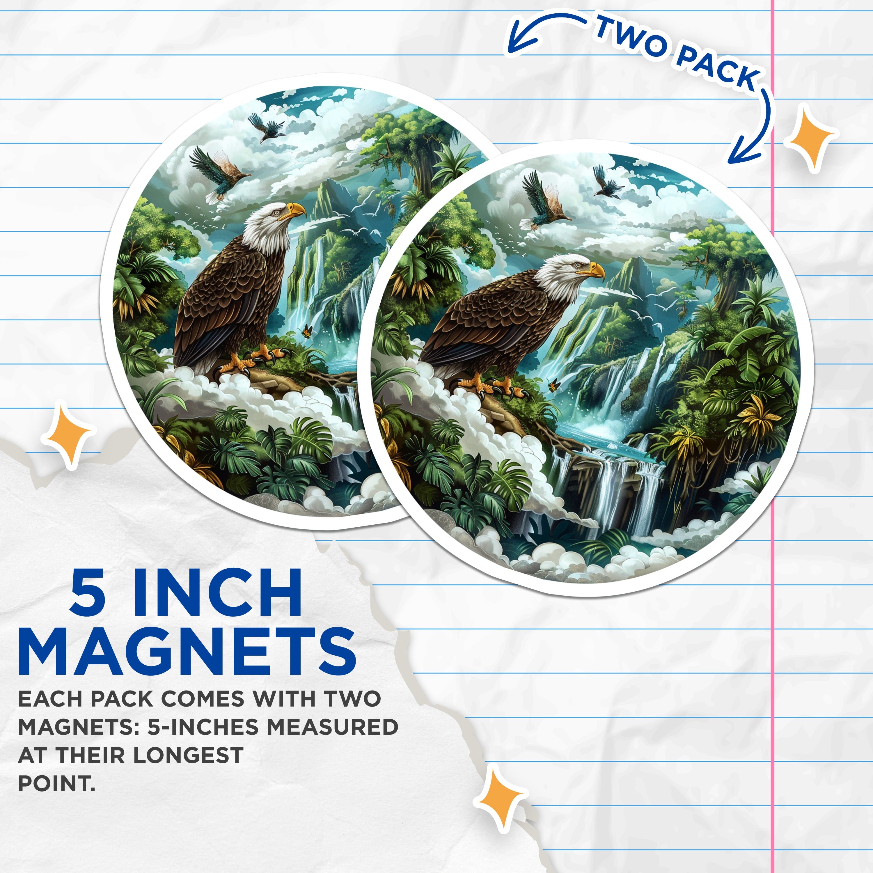 (2 Pack) Bald Eagle Waterfall Magnets - Majestic Nature Scene - American Wildlife Fridge Decor - 5 Inches On Longest Side - Thick Durable Magnet - Made in USA - MAG36016