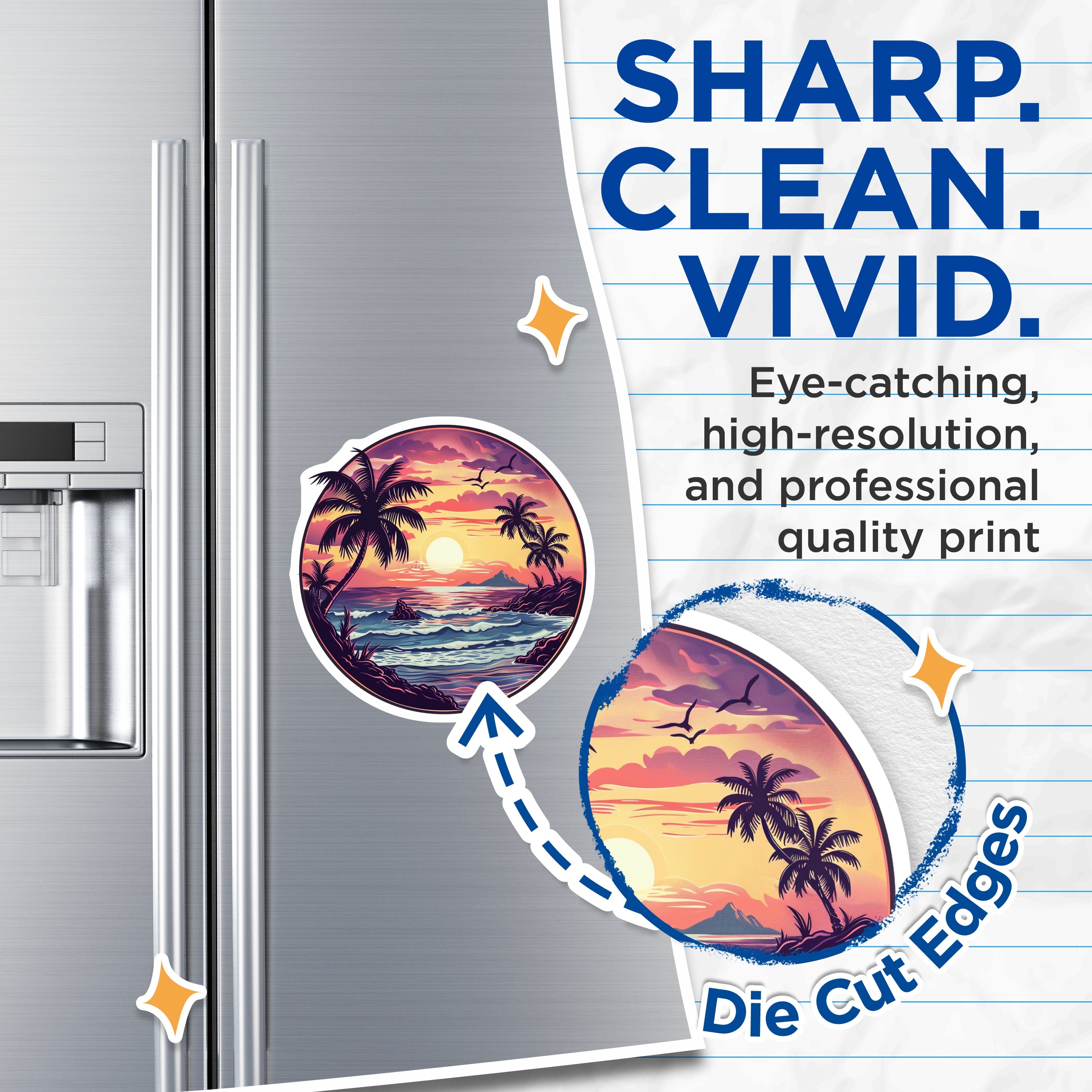 (2 Pack) Tropical Sunset Magnets - Beach Scene Decor - Ocean Wave Art - Palm Tree Vacation Vibe - 5 Inches On Longest Side - Thick Durable Magnet - Made in USA - MAG38822