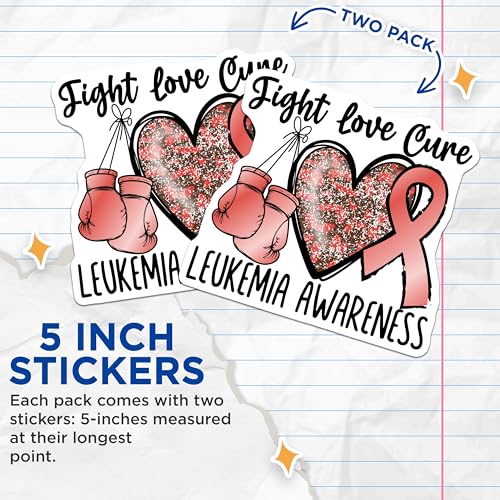 (2 Pack) Fight Love Cure Leukemia Awareness Stickers - Boxing Gloves and Heart - Leukemia Awareness Ribbon - 5" On Longest Side - Sticks to Smooth Flat Surfaces - Made in USA - BMCS4284