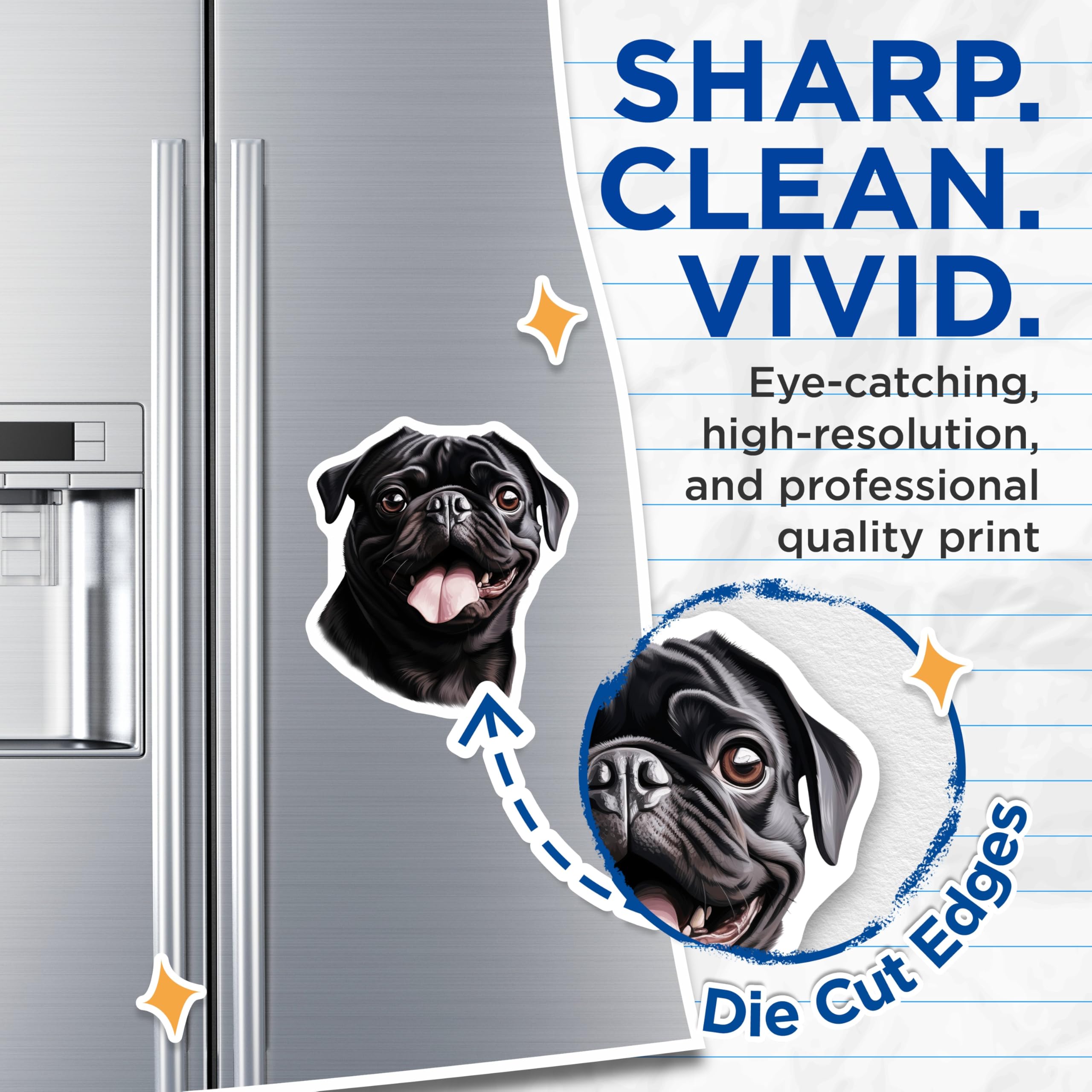 (2 Pack) Smiling Black Pug Magnets - Cute Dog Lover Decor - Pet Parent Kitchen Accessories - Funny Animal Art - 5 Inches On Longest Side - Thick Durable Magnet - Made in USA - MAG26338