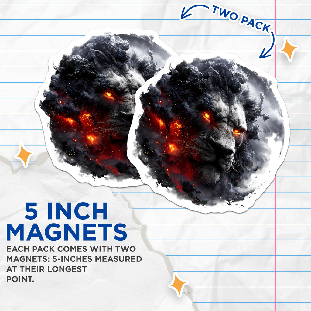 (2 Pack) Fiery Lion Head Magnets - Dark Fantasy Decor - Mythical Creature Art - Bold Statement Fridge Magnet - 5 Inches On Longest Side - Thick Durable Magnet - Made in USA - MAG37438