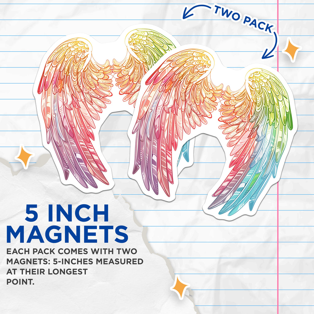 (2 Pack) Rainbow Angel Wings Magnets - Colorful Feather Art - Ethereal Fantasy Decor - Spiritual Fridge Magnets - 5 Inches On Longest Side - Thick Durable Magnet - Made in USA - MAG37308