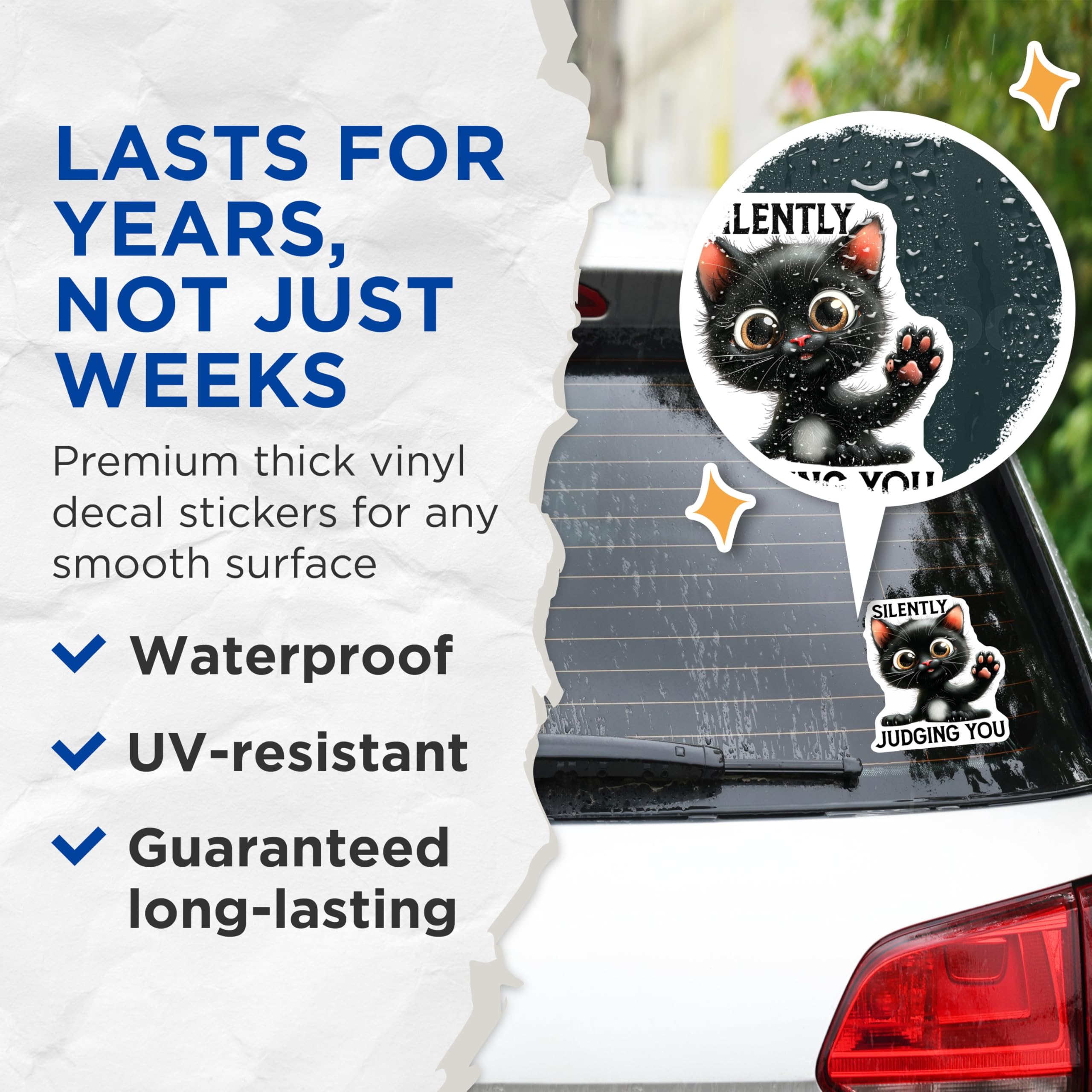 (2 Pack) Silently Judging You Stickers - Black Cat Decals - Funny Kitten Stickers - 5" On Longest Side - Sticks to Smooth Flat Surfaces - Made in USA - BMCS15155