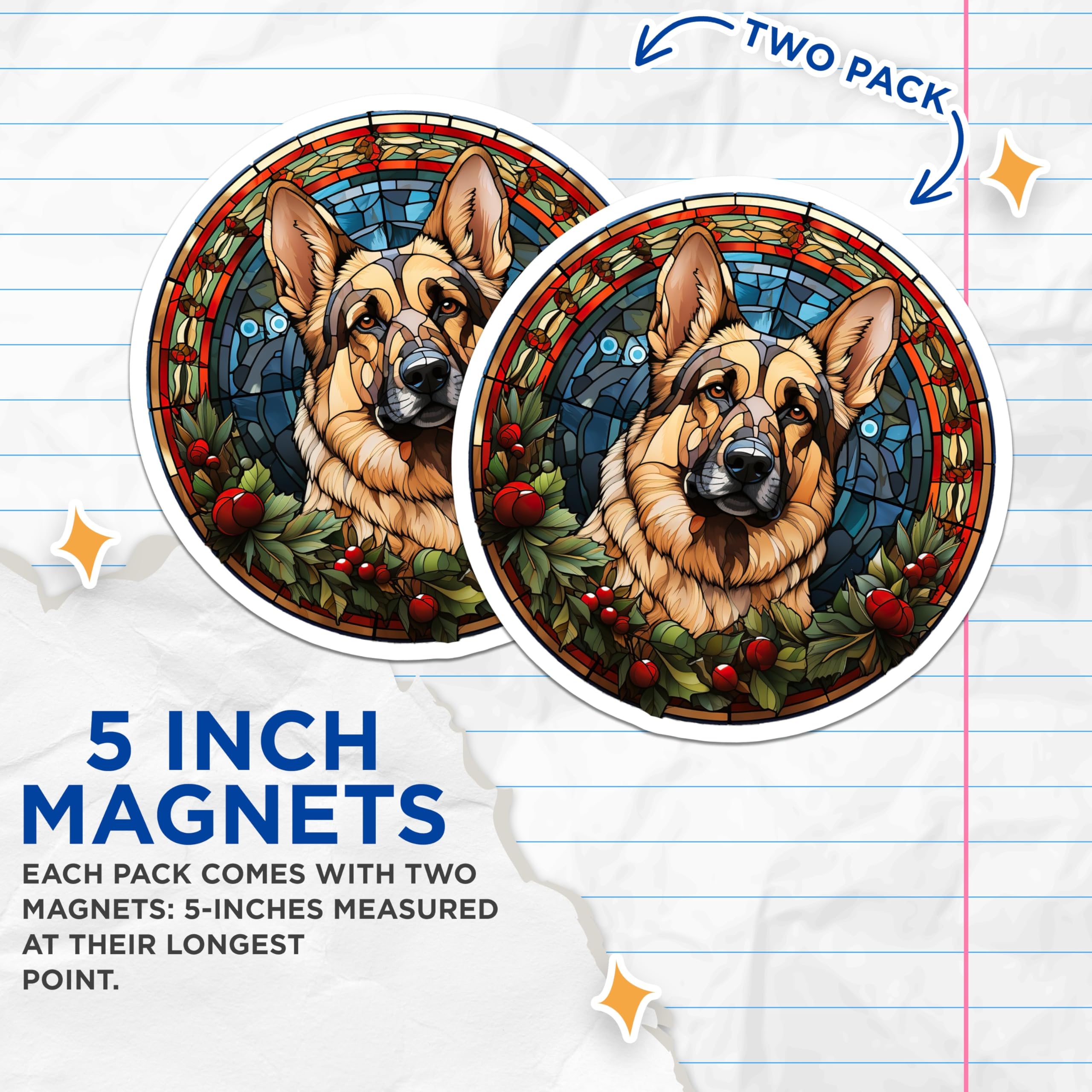 (2 Pack) German Shepherd Stained Glass Magnets - Dog Lover Decor - Pet Portrait Art - Canine Fridge Magnet - 5 Inches On Longest Side - Thick Durable Magnet - Made in USA - MAG29028