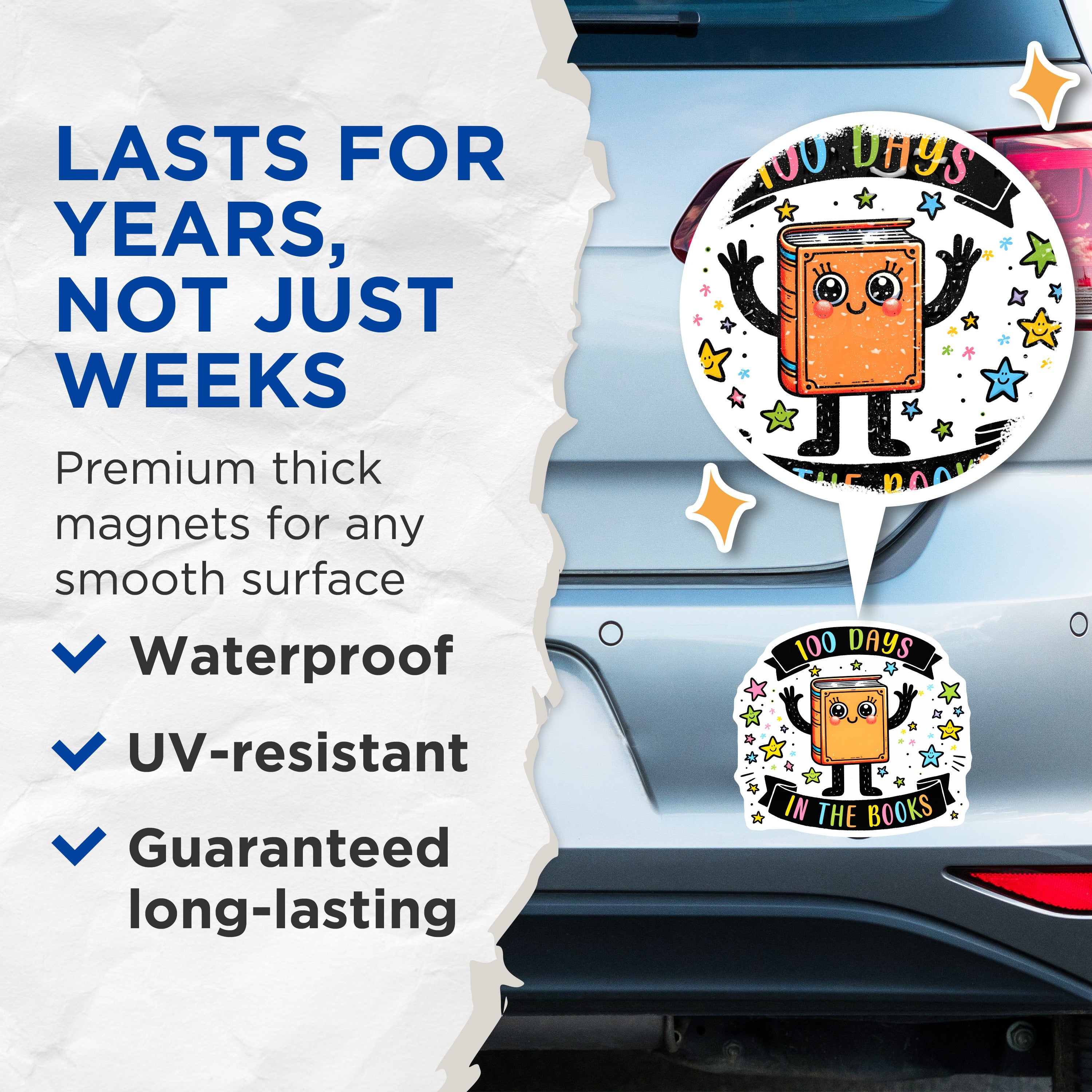 (2 Pack) 100 Days in The Books Magnets - Teacher Appreciation - School Milestone Decor - 5 Inches On Longest Side - Thick Durable Magnet - Made in USA - MAG39488