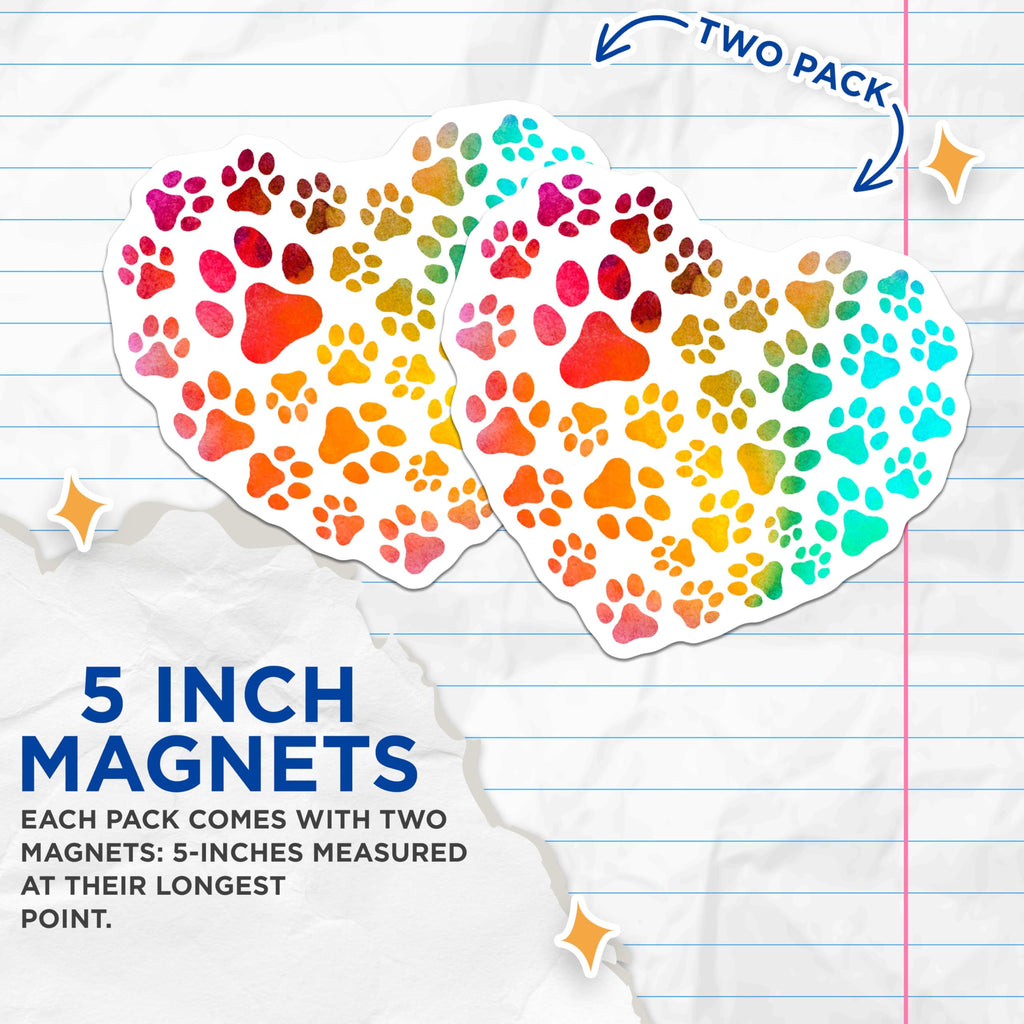 (2 Pack) Rainbow Paw Print Magnets - Heart Shaped Paw Design Magnets - Colorful Pet Lover Magnets - 5" On Longest Side - for Cars, Refrigerators, Toolboxes, Lockers - Made in USA BMCS3397