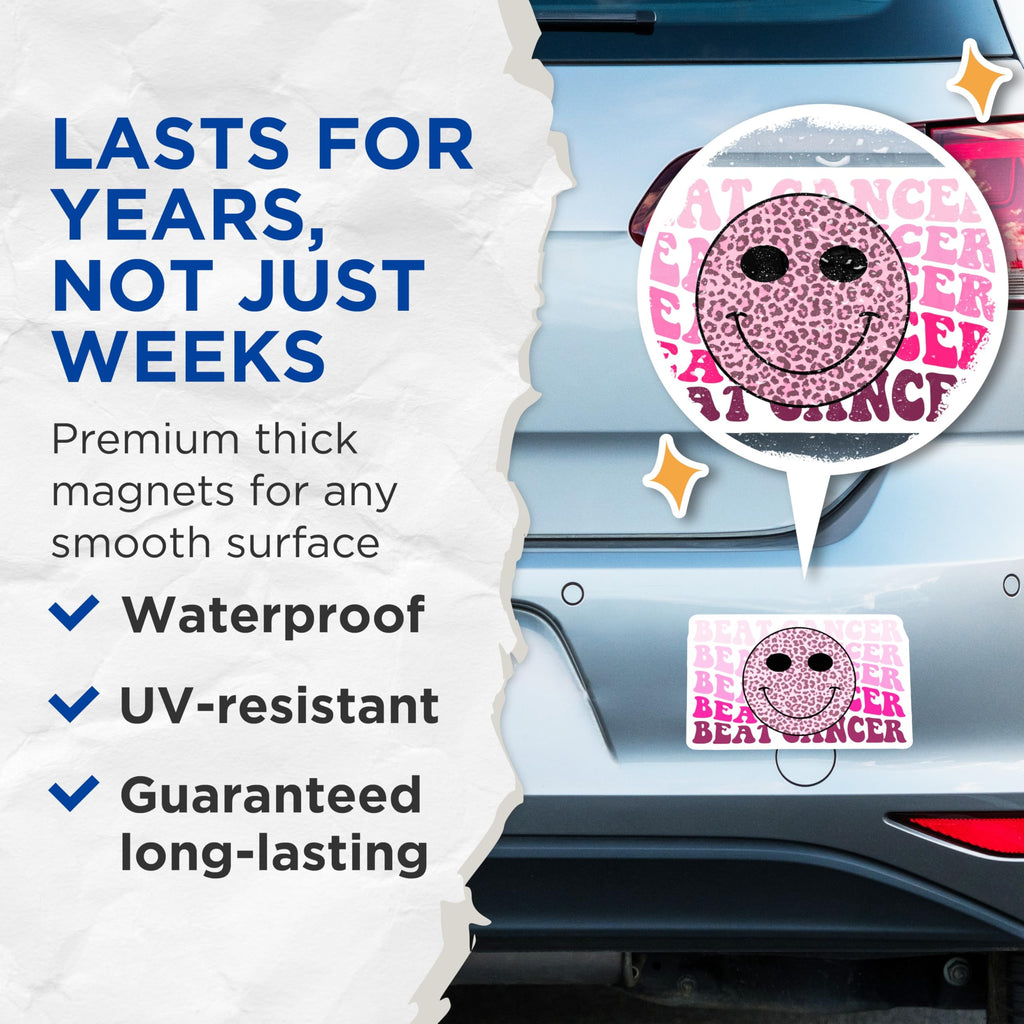(2 Pack) Beat Cancer Magnets - Leopard Smiley Face - Pink Ribbon Awareness - 5" On Longest Side - Premium Magnet - for Cars, Refrigerators, Toolboxes, Lockers - Made in USA - MAG17054