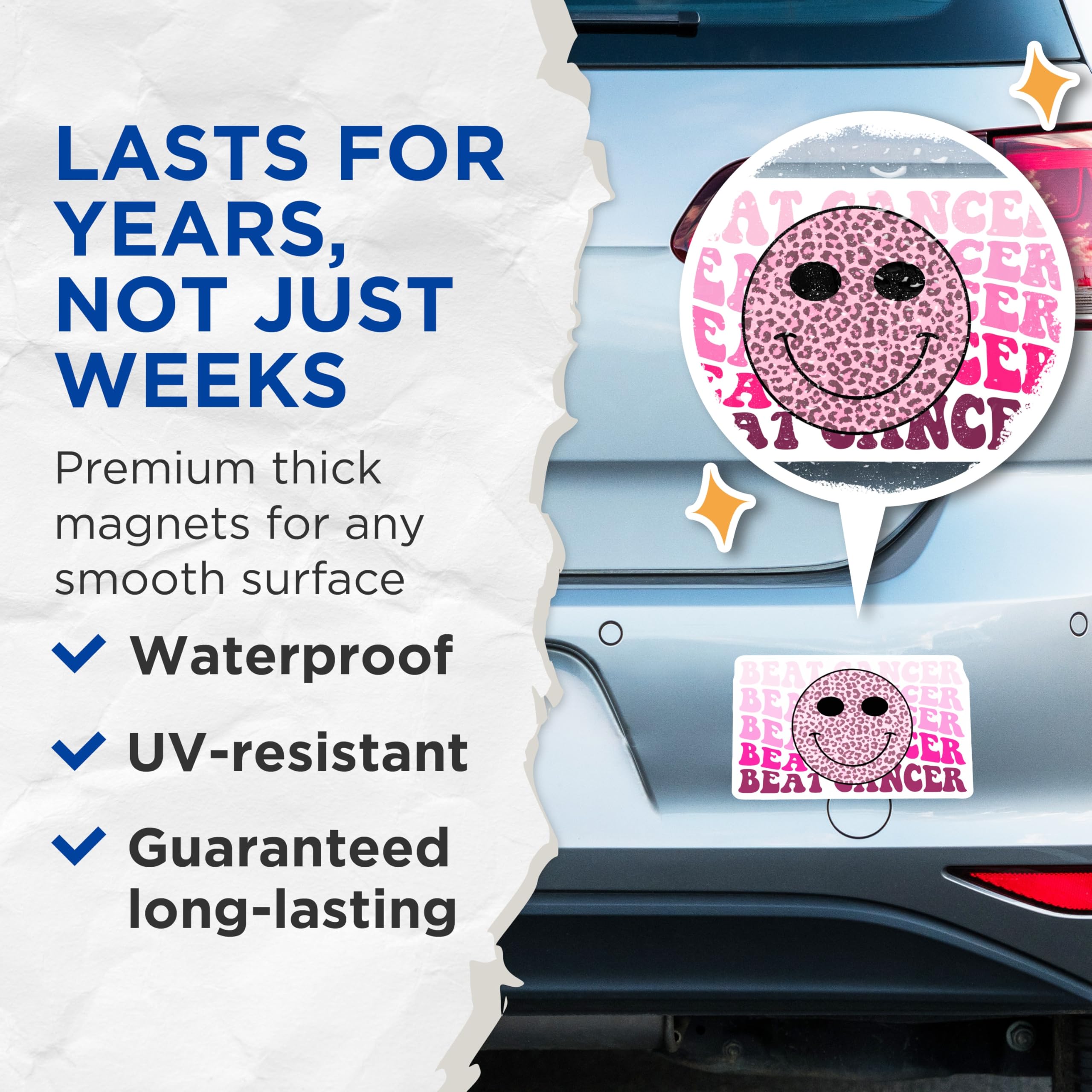 (2 Pack) Beat Cancer Magnets - Leopard Smiley Face - Pink Ribbon Awareness - 5" On Longest Side - Premium Magnet - for Cars, Refrigerators, Toolboxes, Lockers - Made in USA - MAG17054