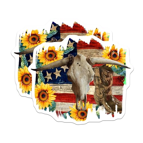 (2 Pack) Western Skull Stickers - Sunflower Decal - American Flag Sticker - 5" On Longest Side - Sticks to Smooth Flat Surfaces - Made in USA - BMCS5727