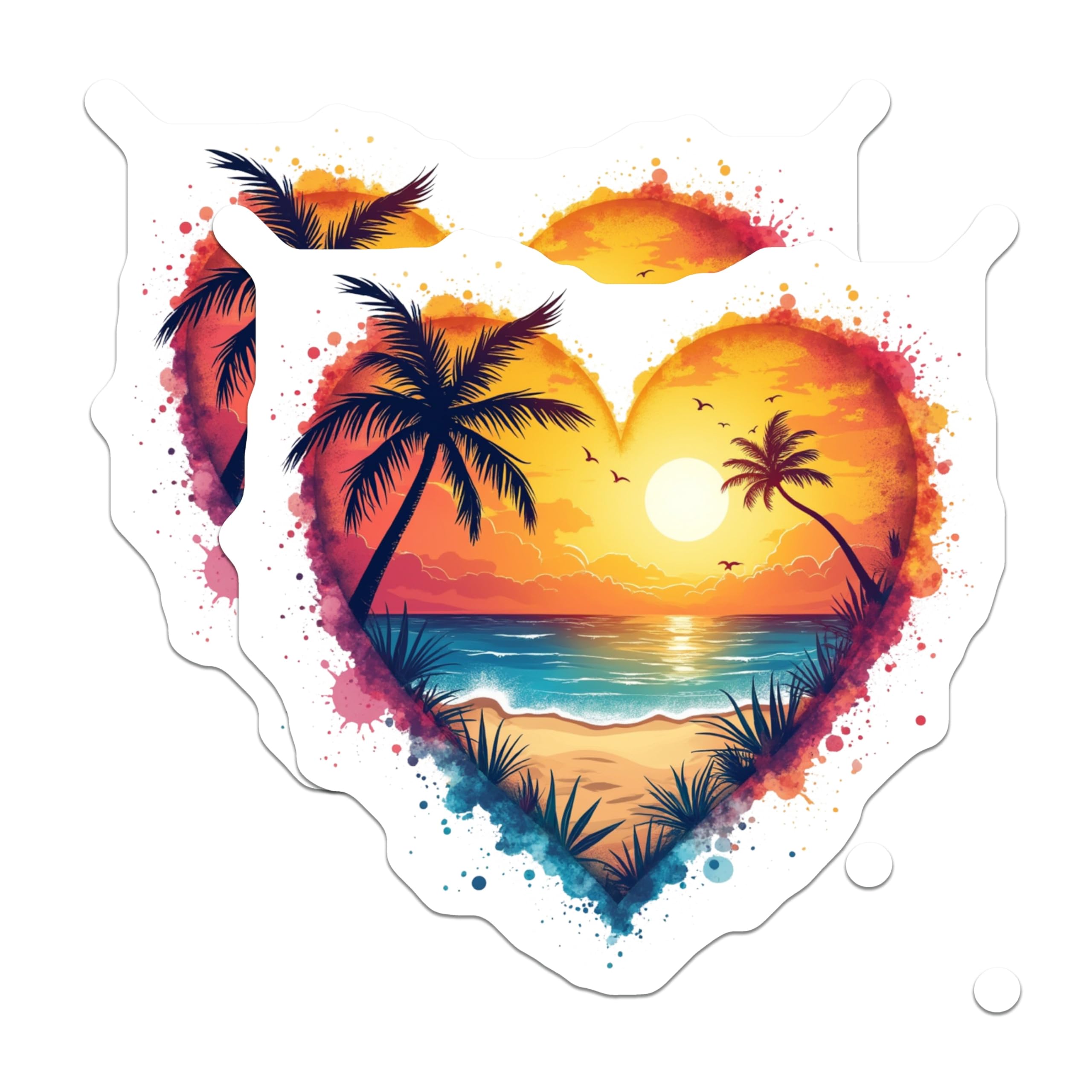 (2 Pack) Tropical Beach Sunset Heart Magnets - Palm Tree Ocean Scenery - Romantic Summer Vacation Refrigerator Art - 5 Inches On Longest Side - Thick Durable Magnet - Made in USA - MAG23843
