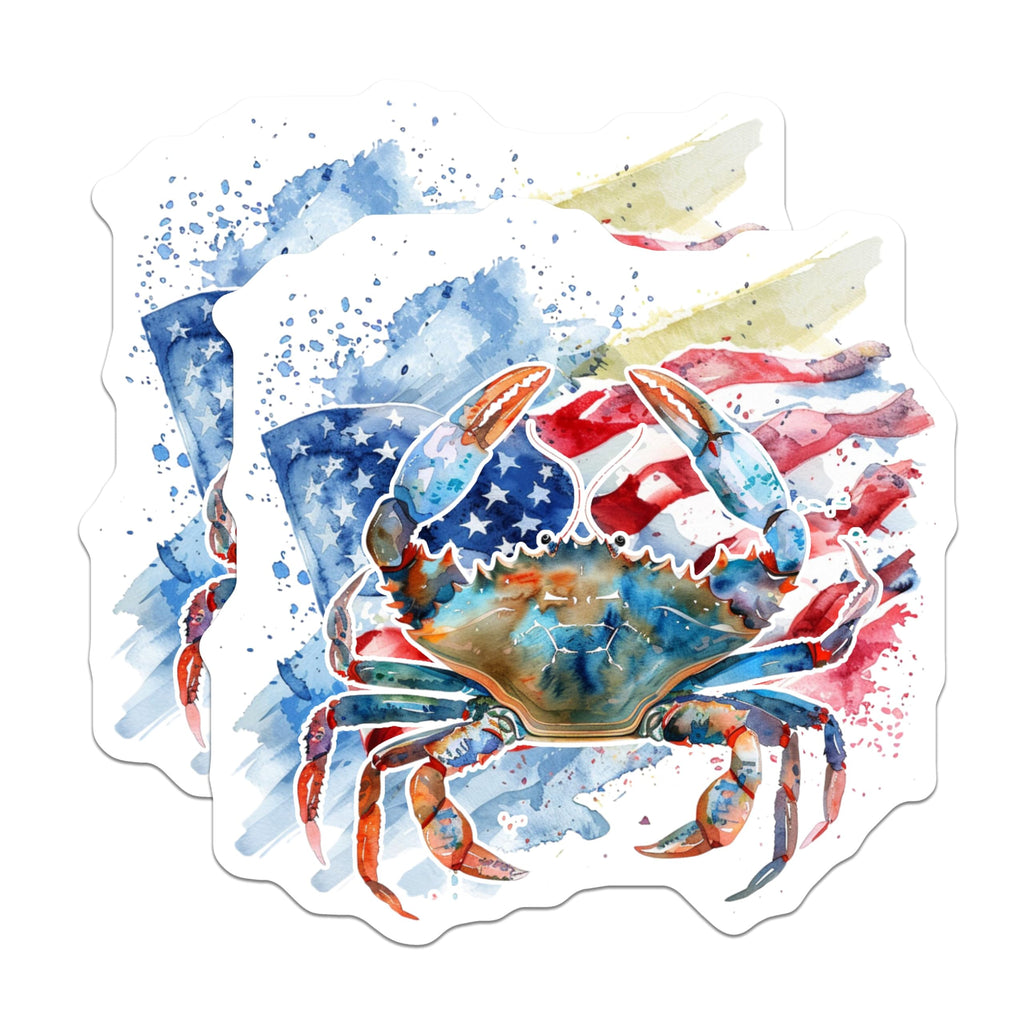 (2 Pack) Patriotic Crab Stickers - American Flag Art - Coastal Decor Stickers - 5" On Longest Side - Sticks to Smooth Flat Surfaces - Made in USA - BMCS6956