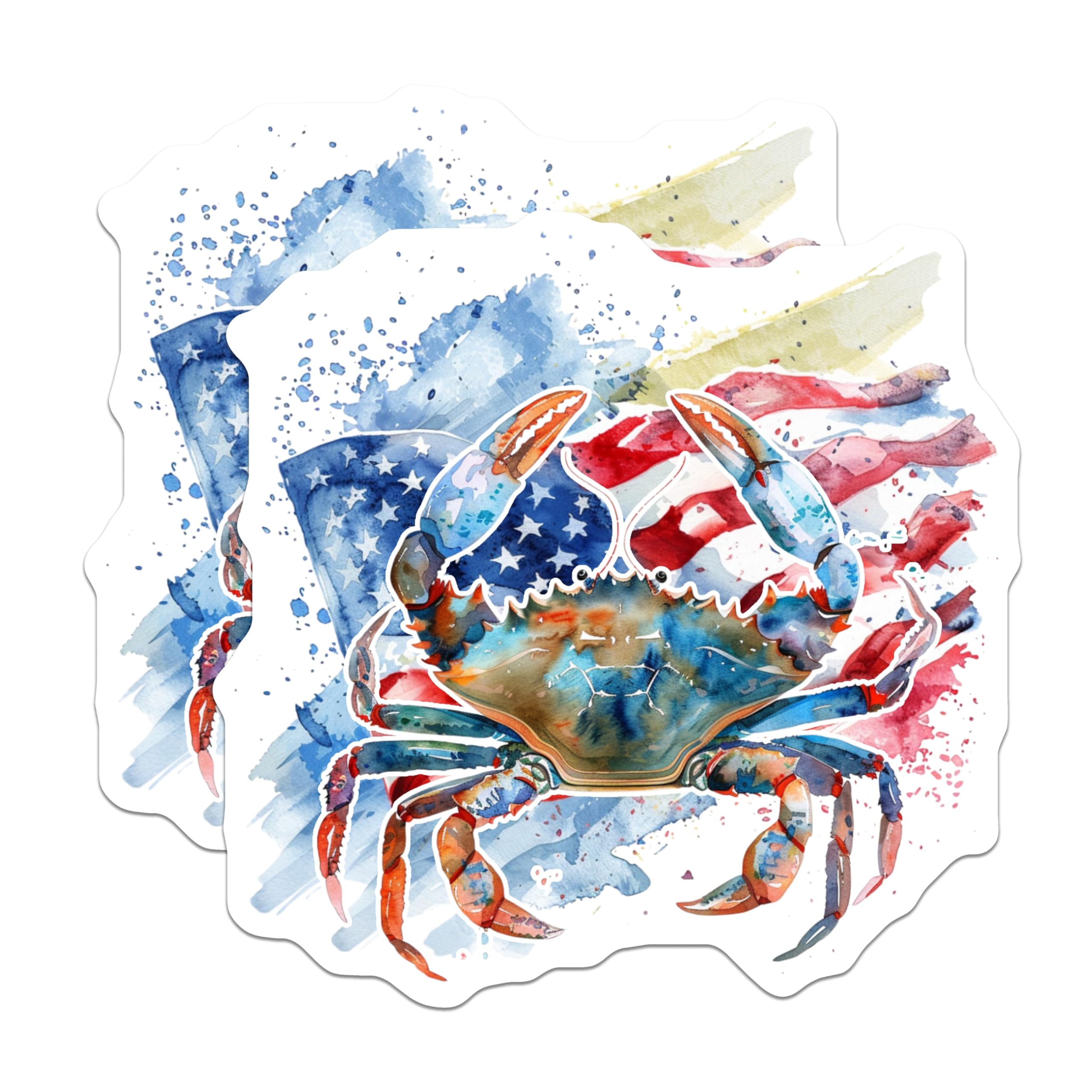 (2 Pack) Patriotic Crab Stickers - American Flag Art - Coastal Decor Stickers - 5" On Longest Side - Sticks to Smooth Flat Surfaces - Made in USA - BMCS6956