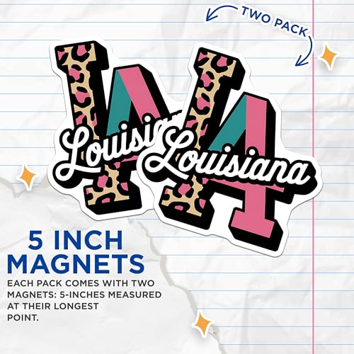 (2 Pack) Louisiana Magnets - Leopard Print - Cool State Magnet - Louisiana Themed - LA Letter Magnets - 5" On Longest Side - for Cars, Fridges, Toolboxes - Made in USA - MAG3904