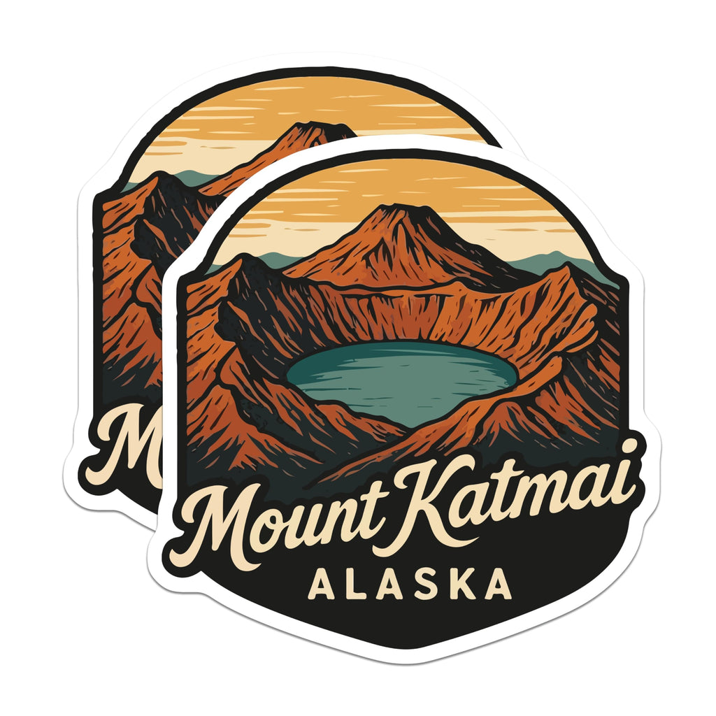 (2 Pack) Mount Katmai Stickers - Alaska National Park - Volcano Lake Landscape - 5" On Longest Side - Sticks to Smooth Flat Surfaces - Made in USA - BMCS20017