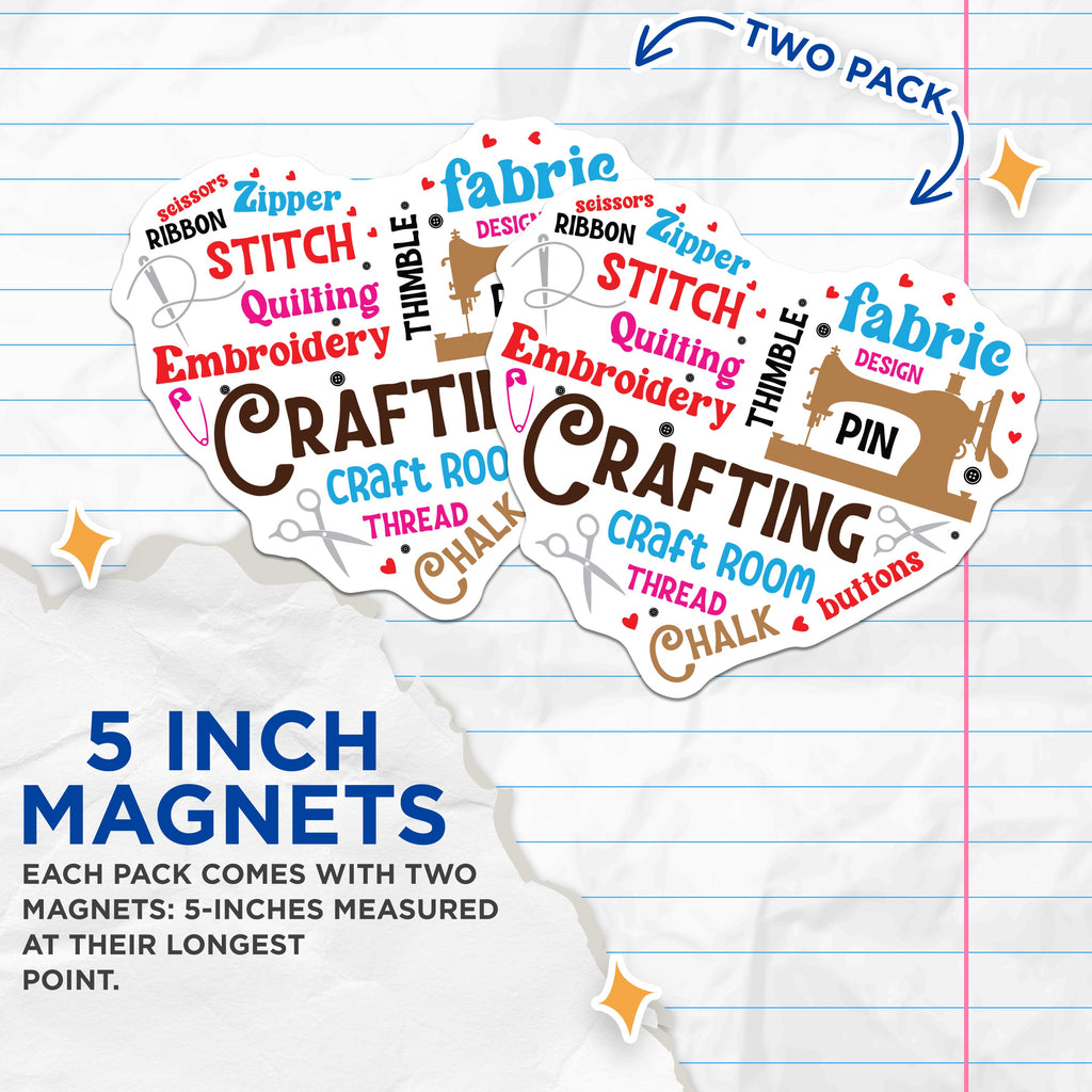 (2 Pack) Crafting Magnets - Sewing Room Decor - Quilting Embroidery Lover - DIY Creative Enthusiast - Craft Mom Refrigerator Sticker - 5" - Thick Durable Magnet - Made in USA - MAG39330