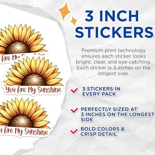 (3 Pack) You are My Sunshine Decals - Sunflower Decal - Laptop Decal - 3 Inches On Longest Side - Easy Peel & Apply - Made in USA - 3MCS6748