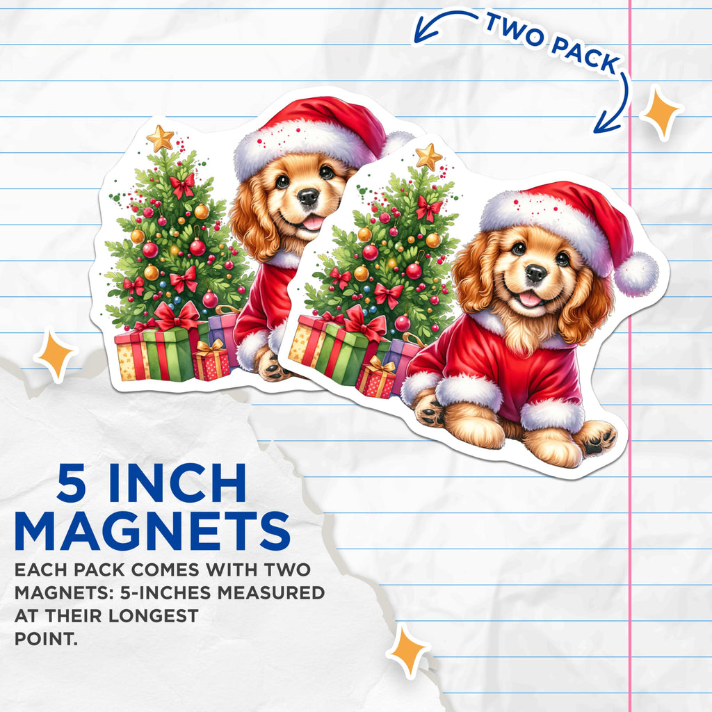 (2 Pack) Christmas Puppy Magnets - Santa Dog Refrigerator Decor - Holiday Pet Owner Locker Accessory - 5 Inches On Longest Side - Thick Durable Magnet - Made in USA - MAG30214