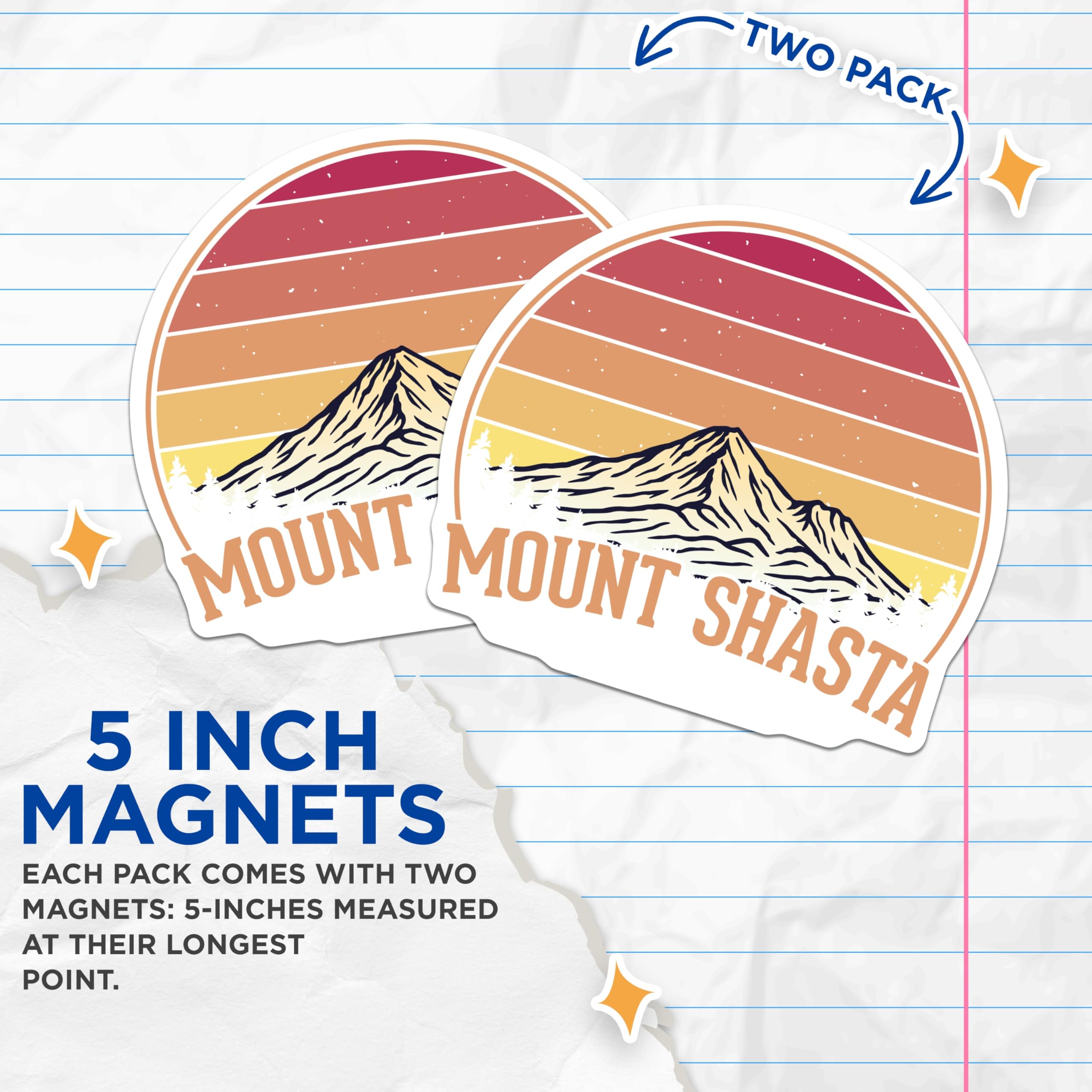 (2 Pack) Mount Shasta Magnets - California Travel - Retro Sunset Souvenir - 5" On Longest Side - Premium Magnet - for Cars, Refrigerators, Toolboxes, Lockers - Made in USA - MAG17890
