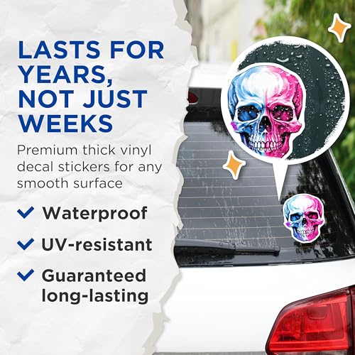(2 Pack) Skull Stickers - Half Blue Half Pink Skull - Unique Skull Art Decal - 5" On Longest Side - Sticks to Smooth Flat Surfaces - Made in USA - BMCS6721