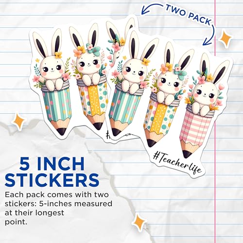 (2 Pack) Cute Bunny Pencil Stickers - Teacher Life - Bunny Art - 5" On Longest Side - Sticks to Smooth Flat Surfaces - Made in USA - BMCS8153