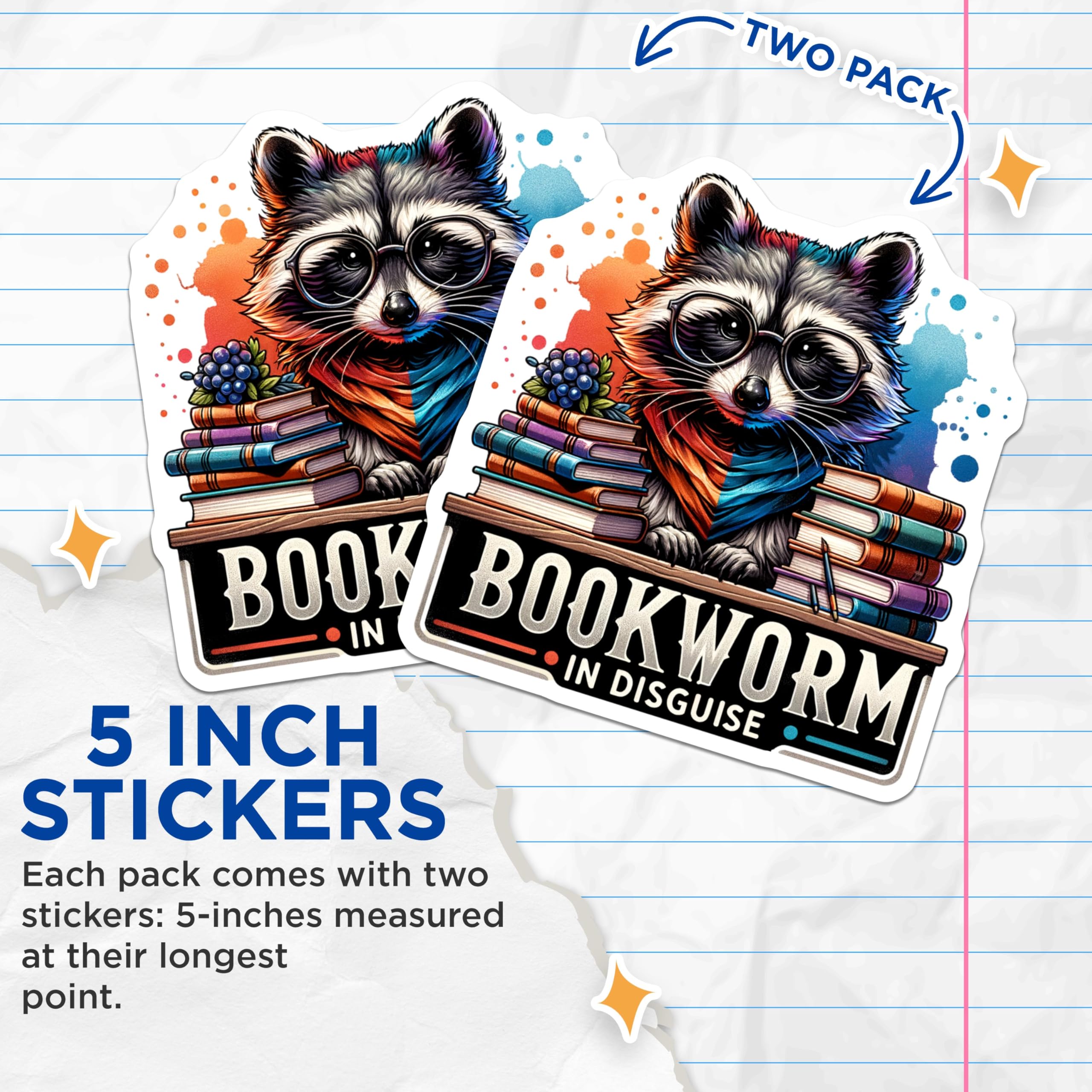 (2 Pack) Bookworm in Disguise Stickers - Cute Raccoon Stickers - Book Lover Stickers for Laptop, Water Bottle, Journal - 5" On Longest Side - Sticks to Smooth Flat Surfaces - Made in USA - BMCS4536